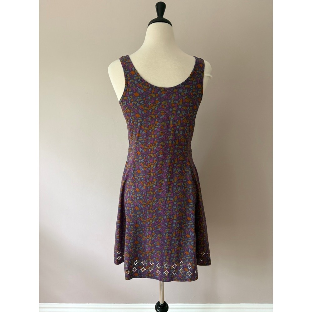 Toad&Co Purple Abstract Mosaic Print Sleeveless Dress Laser Cut Hem Pockets XS